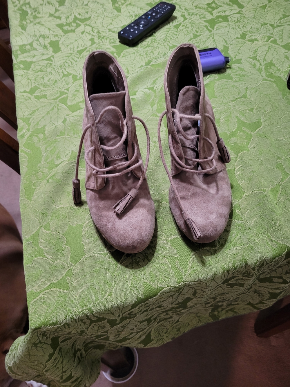 Dr. Scholl's Taupe Suede Lace-Up Ankle Booties with Tassel Detail